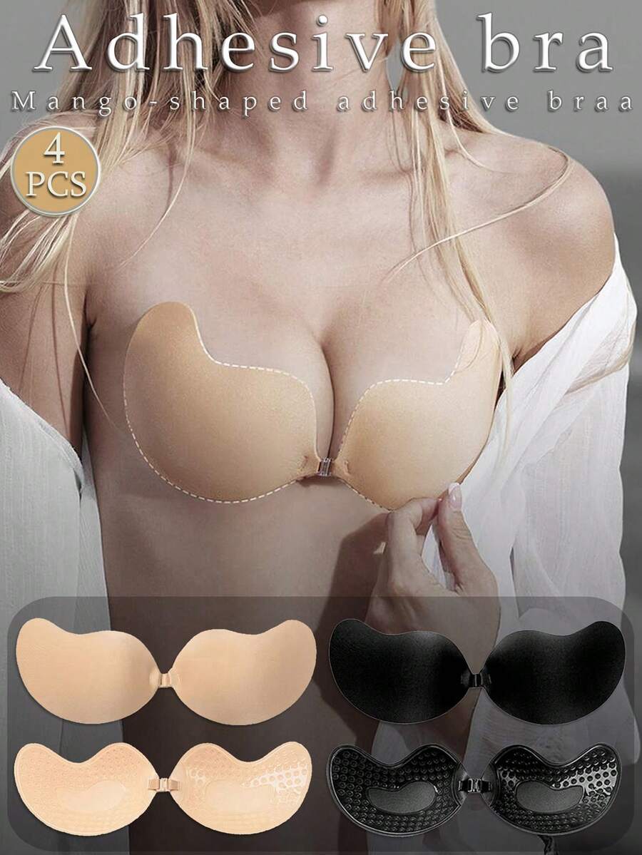 4Pairs Gather Strapless Self-Adhesive Low-Cut Bra Invisible Backless Sticky Bra Seamless Strapless Dress Wedding Dress, Mango-Shaped Bra, Underwear And Nipple Covers