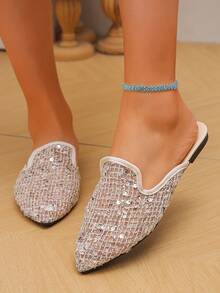 Sợi màu be - sequin trong suốt - lưới vuông