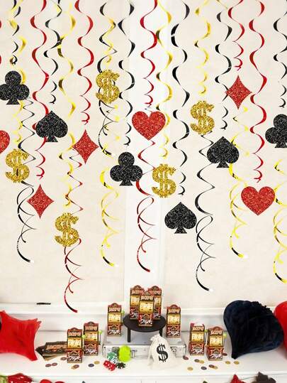 Casino Themed Hanging Rotating Decorations, Black, Gold And Red Casino Themed Decorations, Las Vegas Poker Party Hanging Rotating Decorations, Suitable For Casino Night, Poker Game Themed Birthday Party Supplies