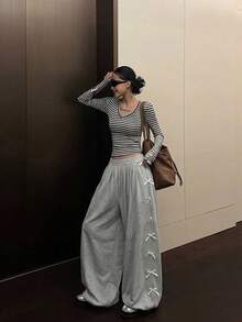 女士纯色高腰直筒宽松休闲运动裤,带蝴蝶结 - 灰色 - 查看 10