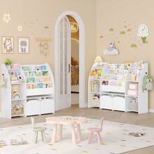 HaluPeit Kinderregal mit Zeitungsständer, Bücherregal Kinder mit 2 Säulen, 4 Ablagen, Spielzeugregal, Kinder mit Aufbewahrungsbox, für Kinderzimmer, Wohnzimmer, 30 x 105 x 100 cm, Weiß - Weiss - Übersicht 2