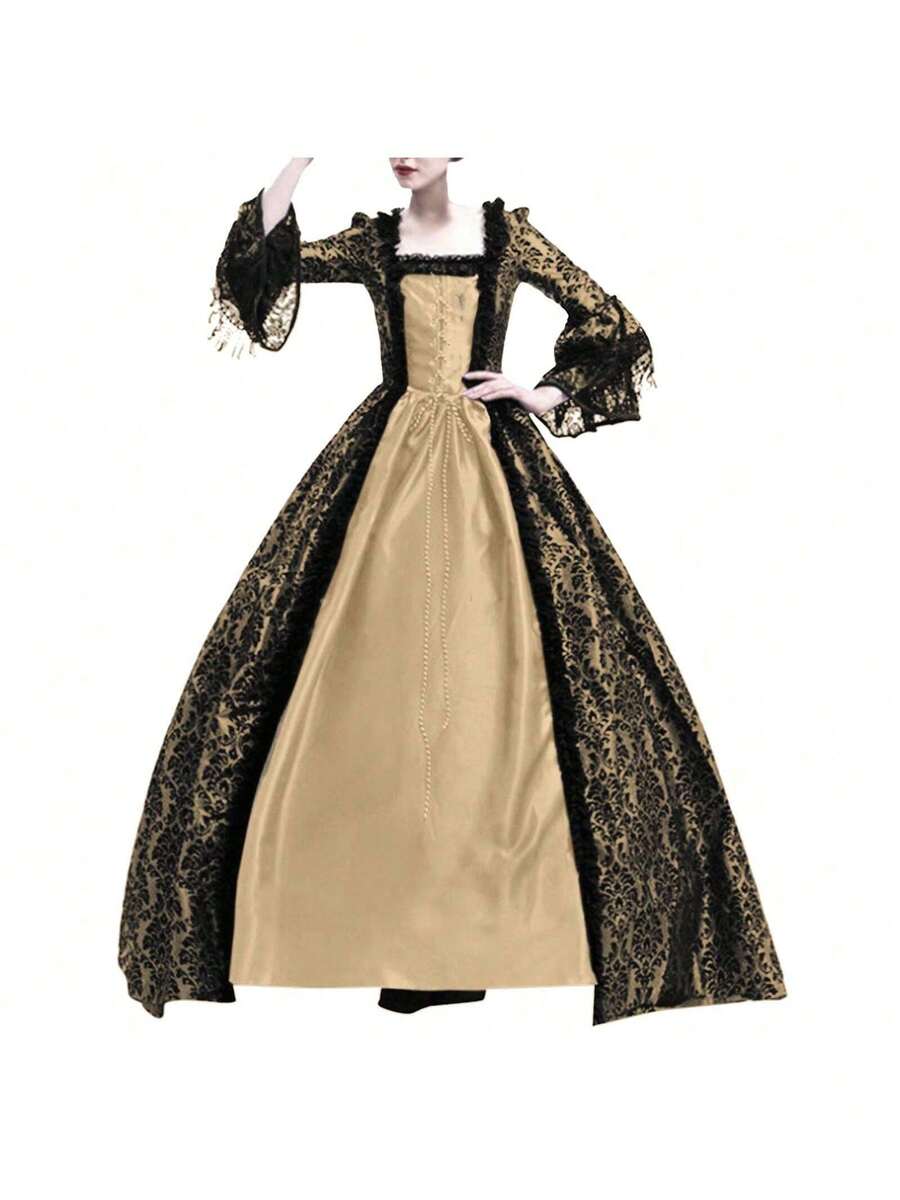 Medieval Dress With Spliced Bell Sleeves, Retro Court Style - Vàng - Xem 1