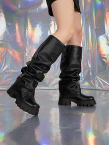 Knee High Slouchy Boots For Women Wide Calf Punk Metal Round Toe Fold Over Platform Boots Y2K Style Mettalic Slip On Folded Lug Sole Party Shoes Nightclub Outdoor Motorcycle Riding Business Casual Cosplay Wedding Dressy Concert Easter Spring Womens Summer Gothic Boots - 黑色 - 查看 5