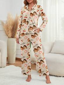 Customized Women's Long Sleeve Pajama Set, Can Print Any Pattern, Personalized Pajamas With Photos, Funny Customized Images, Comfortable Sleepwear. Suitable For Mother's Day, Birthday, Gifts, Personalized, Colorful, Cute, Witty, Unique, Exclusive, Ideal Girlfriend Gift, Suitable For Girlfriend, Family, Friends, Elders, Fashionable For Autumn, Party Occasions - Apricot - View 5