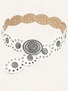 1pc White Faux Leather Grommet Waist Belt, Rivet Decor, White Oval Patchwork Belt, Silver Floral Engraved Buckle, Bohemian Style Suitable For Daily Wear - White - View 7