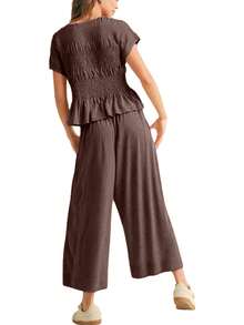Women's Solid Color Two Piece Set 2026 Spring Summer Daily Loungewear Cropped Top High Waist Wide Leg Pants - 咖啡色 - 查看 2