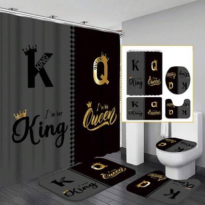 4件套皇冠图案浴帘套装（含地毯），特大号和中号浴帘套装（含地毯），马桶座套和浴垫，现代浴室装饰（含浴垫）以及12个塑料挂钩