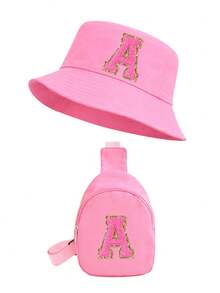 2 Peças Conjunto de Chapéu Balde Rosa com Letra 26 e Bolsa de Peito para Meninas, Alça Ajustável, Versátil, Adequado para Uso Externo, Praia, Pesca, Piquenique - Rosa chiclete - Visão 5