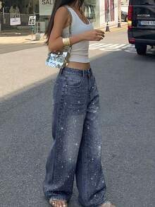 Quần jeans nữ dáng rộng rách rưới phong cách Y2K, quần ống đứng dáng suông cổ điển, phong cách đường phố mùa xuân. - Rửa tối - Xem 11