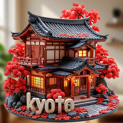 Nam châm trang trí tủ lạnh hình nhà Machiya truyền thống Kyoto mùa thu với lá phong: Mái ngói đen, cửa sổ lưới gỗ và ánh sáng ấm áp, lá phong đỏ rực rỡ và đèn lồng đá, chữ "KYOTO" nổi bật – Một buổi tối yên tĩnh ở cố đô Nhật Bản.