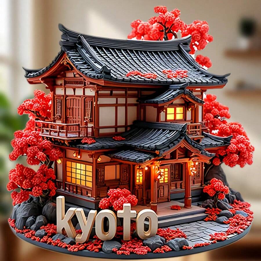 京都传统町屋秋枫冰箱贴：黑瓦屋顶、木格窗、温暖的光芒、鲜艳的红枫叶和石灯笼，以及凸起的“京都”字样——将日本古都的静谧夜晚带到您的冰箱上 - 京都日式町屋 - 查看 1