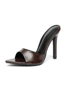 1 Pair Solid Color Party Synthetic PU Leather Women's Party Snakeskin Pattern Brown High Heel Pointed Toe Mule Sandals, Suitable For All Seasons - Rust Brown - View 7