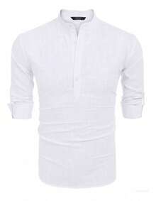 Men's Cotton Linen Long-Sleeved Shirt - 白色1 - 查看 6