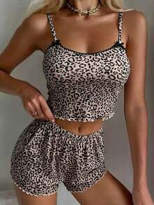 2pcs Sexy Leopard Print Camisole And Shorts Sleepwear Set - Black - View 7