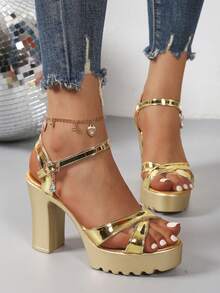 Chunky Heel Sandals Women, Cross-Strap Open Toe High Heels, Anti-Slip Serrated Sole Strap Sandals, Sexy Club Versatile Style. Cross-Strap Design, Chunky Heel, Stable And Comfortable; Crystal Pendant Decor, Suitable For Commuting, Dating, Party - Gold - View 1