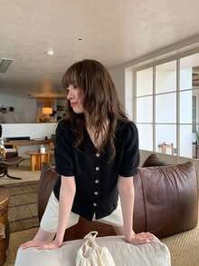 Black V-Neck Spring/Summer Short-Sleeved Loose-Fitting Front-Button Casual Women's Shirt - Black - View 12
