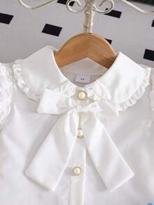 2pcs Young Girl Elegant Ruffle Sleeve Bow Top And Sky Blue Suspender Dress Set, Fashionable And Graceful - Light Wash - View 4