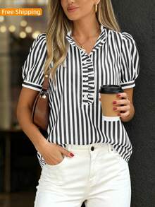 Puff Sleeve Striped Ruffle Blouse V Neck Button Front Summer Top Chic Casual Work Office Outfit For Women - Black - View 3