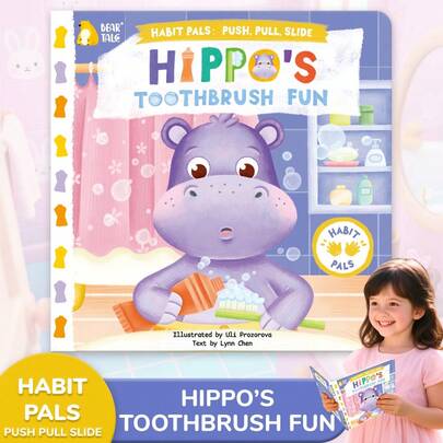 beartale 1 Set Children's Interactive Push-Pull-Slide Game Book, Hippo Themed Brushing Teeth Early Education Activity Book, Hippo Themed Exploration Game Book, An Engaging Toddler Brushing Teeth Interactive Book With 3 Push, Pull, Slide Designs, An Activity Book & Educational Toy, Vivid Illustrations, 3 Design Educational Toys, Children's Day Gift