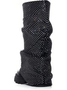 Women's Platform Round Toe Mid Calf Boots With Chunky Heel - Rhinestone-black - View 7