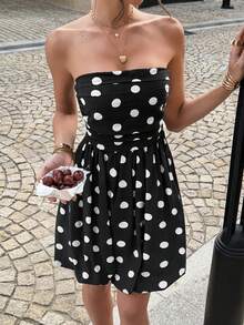 Đầm ngắn cúp ngực gợi cảm chấm bi xếp tầng thanh lịch của PoPoHouse dành cho nữ, phù hợp cho mặc hàng ngày, kỳ nghỉ hè, đi biển, dự tiệc, đi chơi, đầm chấm bi đen trắng. - màu đen - Xem 8