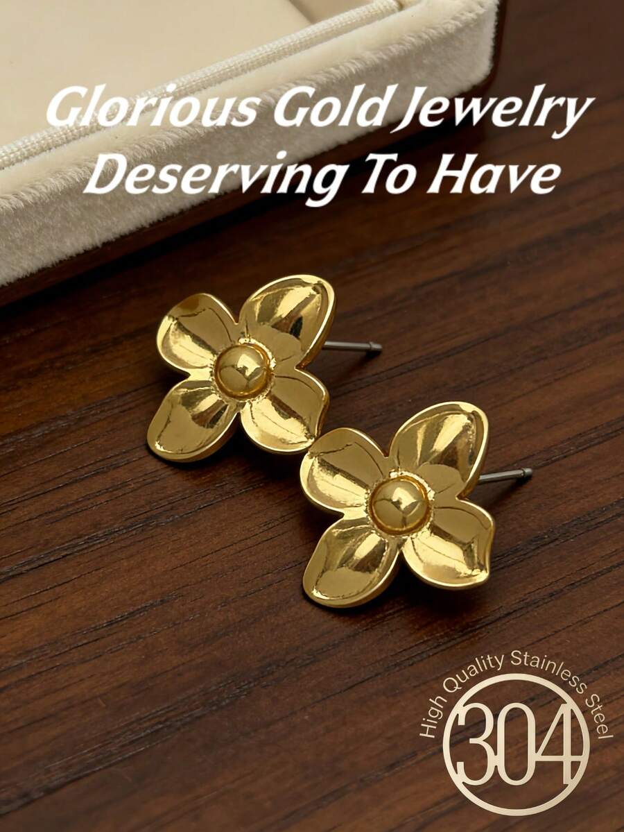 2 Pcs Of Women's 18K Gold Flower Ear Studs As A Women's Earpiece, Featuring Intricate Texture, Hammered Finish, Substantial Earpiece, Low-Allergenic Stainless Steel Material, Simple Design, Suitable As A Birthday Gift. - Gold - View 1