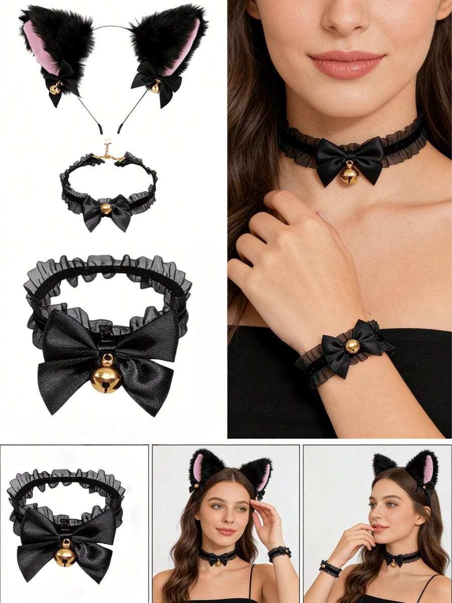 Bộ 4 chiếc băng đô tai mèo trắng dễ thương có chuông và nơ ren, trang phục hóa trang Halloween. - Nhiều màu - Xem 1