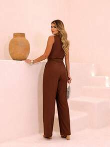 Linen Set With Wide-Leg Pants And V-Neck - Rust Brown - View 2