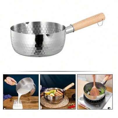 Panela de aço inoxidável martelado para leite, pequena caçarola, panela doméstica para cozinhar macarrão, aquecedor de leite, panela para cozinhar comida de bebê, cabo de madeira com proteção anti-queimadura, panela multiuso, adequada para fogões de indução e a gás, condução uniforme de calor que evita queimaduras, panela de pequena capacidade, utensílio de cozinha, fácil de limpar e durável, adequada para fazer sopa, mingau e macarrão.
