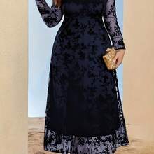 Plus Size, Elegant Plus Size Printed Long Sleeve Dress With Flocked Mesh Hem - Flared Umbrella Skirt, Bodycon Top And Bell-Shaped Bottom For All Seasons - 黑色 - 查看 4
