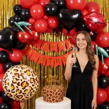 kumozawa 8pcs Black And Red Foil Balloon Set, Cherry Print, Red Lips, Leopard Pattern And Black Heart Balloons, Suitable For Bachelorette Party Decoration, Kiss The Miss Goodbye, Women's Birthday Baby Shower, Applicable For Women's Birthday Party, Bachelorette Party, Bow Tie Theme And Jungle Animal Theme Party Decoration - Multicolor - View 2