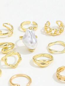12pcs/Set Baroque Style French Faux Pearl Rings, Asymmetrical Elements & Lines Stackable Rings, For Women - Vàng - Xem 4