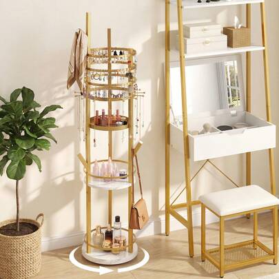  COSTWAY Jewelry Organizer Stand, 360° Rotating Floor Jewelry Storage Rack With Earring Necklace Holders And 3 Shelves, Free Standing Jewelry Display Tower, Large Hanging Jewelry Tree Organizer, Grey/Brown/White