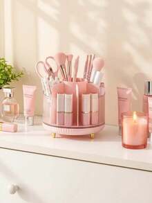 1 pieza Soporte giratorio dividido para brochas de maquillaje color rosa, estilo moderno Ins, transparente y visible, dividido, multifuncional, con base gruesa, suave, antideslizante y estable, redondo y lindo, organizador de escritorio centrado minimalista, plegable y de uso diario - Multicolor - Ver 8