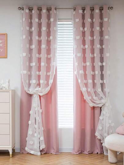 1 pieza Cortina opaca de doble capa, tela transparente suave con pompones 3D, cortina opaca de color rosa sólido, cortina aislante térmica y protectora solar para sala de estar, dormitorio, decoración de ventana del hogar, protección de privacidad, con presilla superior, fácil instalación