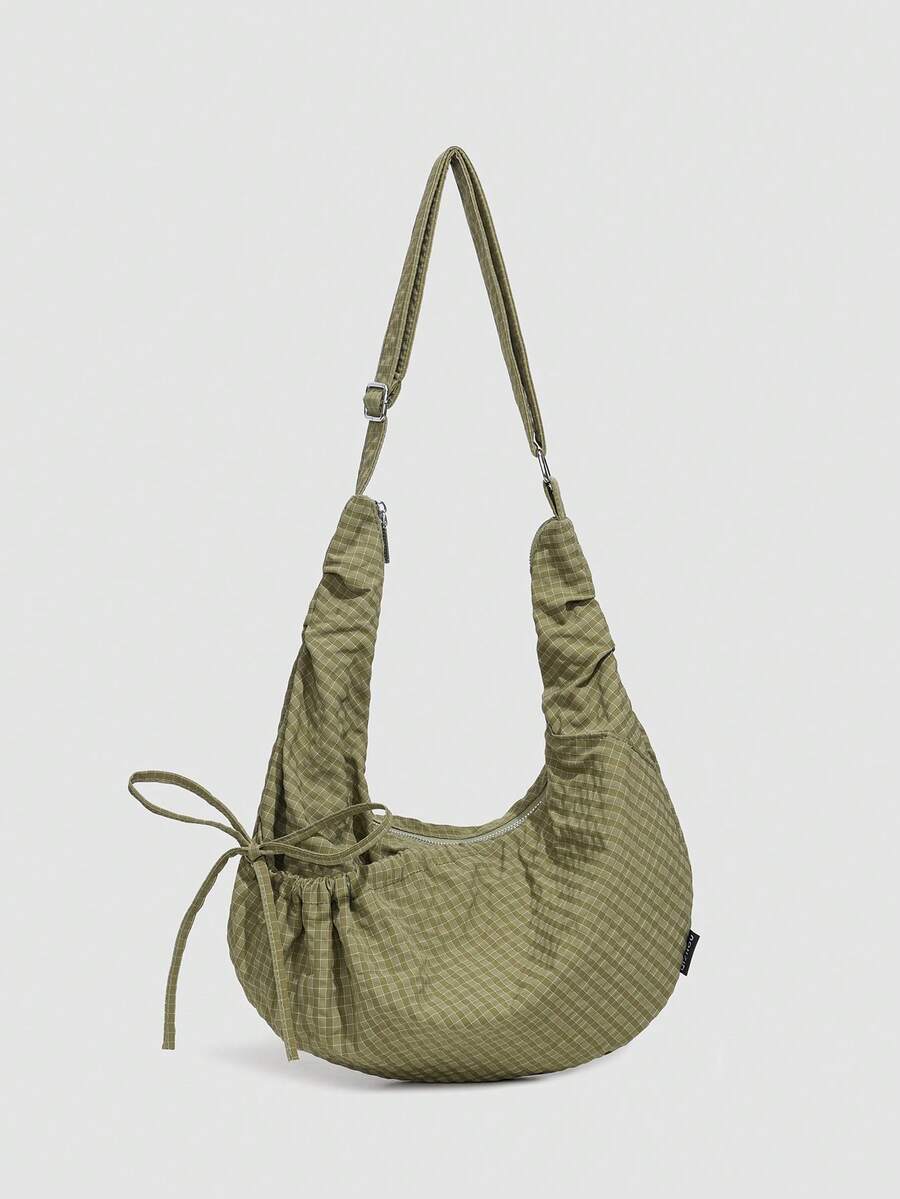 Bolso de hombro y bandolera multifuncional de diseño único y alta calidad con estampado a cuadros y cordón ajustable, estilo dumpling, para uso diario y desplazamientos