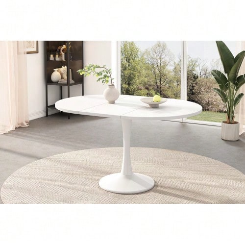 Extendable Dining Table, Oval Dining Table, Coffee/Leisure Table, Length 100/140 X Width 100 X Height 75 Cm, Modern Simple Dining Table, White [OLD SKU:N634P18391921W] - White - View 1