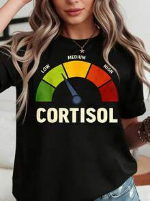 Funny Cortisol Level Gauge Women's T-Shirt Stress Hormone Humor Print Crew Neck Short Sleeve Loose Fit Comfy Office School Streetwear Outfit Top - 黑色 - 查看 4