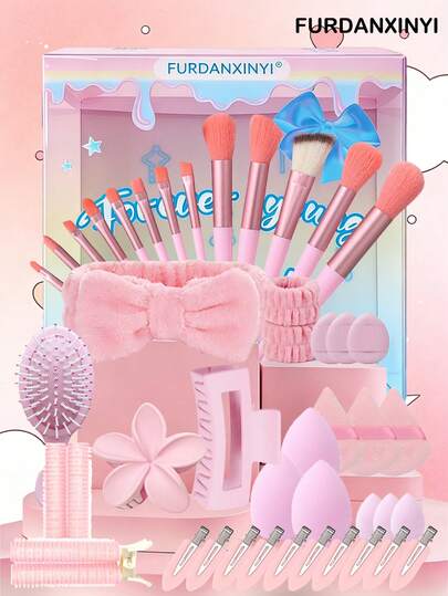 FURDANXINYI 56/43件套完美女士半扎发造型发夹美妆套装，海绵化妆护肤发带毛巾布泡沫柔软，适合女士发带，女孩蓬松柔软枕头头饰，眼影晕染刷和美妆海绵化妆刷套装
