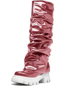 Women's Platform Round Toe Mid Calf Boots With Chunky Heel - Pink - View 1