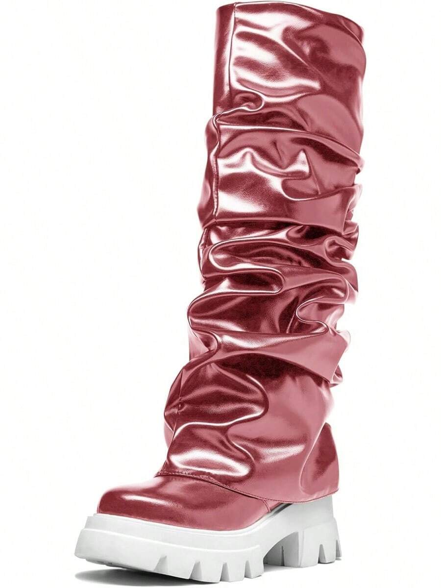 Women's Platform Round Toe Mid Calf Boots With Chunky Heel - Pink - View 1