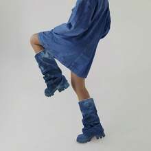 Women's Platform Round Toe Mid Calf Boots With Chunky Heel - Denim Blue - View 9
