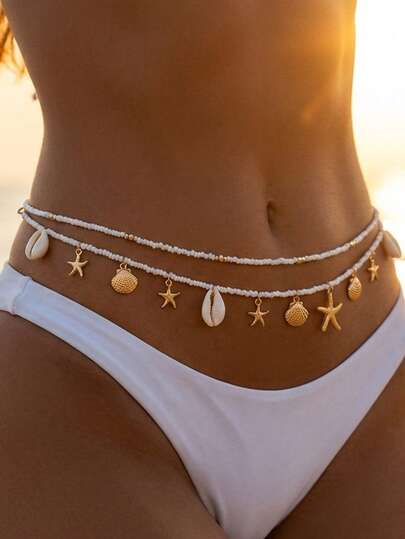 1 chiếc dây đeo eo hai lớp kiểu Bohemian hình vỏ sò, sao biển, ngọc trai dành cho nữ, phụ kiện gợi cảm mùa hè đi biển.