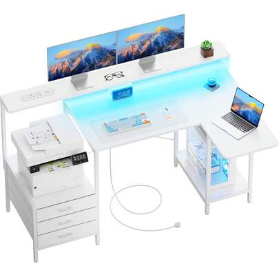 DLONGONE L Shaped Computer Desk With LED Lights,140cm Power Outlets & USB Charging Ports, Home Office Desk With Storage Drawers & Open Shelves & Foldable Small Table Board, White