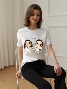 新款夏季 Z 世代 Y2K 风格女式趣味卡通人物印花圆领短袖 T 恤 - 白色 - 查看 2