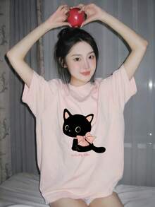 Áo nữ phong cách Gen Z mùa hè mới, áo thun ngắn tay cổ tròn in hình mèo con dễ thương. - Hồng - Xem 1