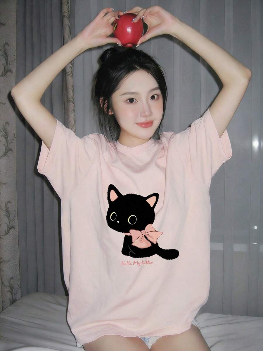 Áo nữ phong cách Gen Z mùa hè mới, áo thun ngắn tay cổ tròn in hình mèo con dễ thương. - Hồng - Xem 1