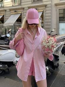 Casual Loose Front Button Long Sleeve Shirt, Unisex Korean Streetwear Style, Spring/Summer - Pink - View 3