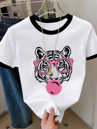 女士休闲短袖圆领T恤一件装 - 可爱卡通老虎戴粉色眼镜泡泡糖印花，Y2K街头风，柔软透气，适合日常出行、周末聚会、音乐节和暑假穿着，时尚青春气息，白色