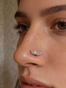 可爱猫咪&Y2K翅膀鼻环，精致闪亮锆石鼻钉，时尚人体穿刺饰品 - 銀色 - 查看 3
